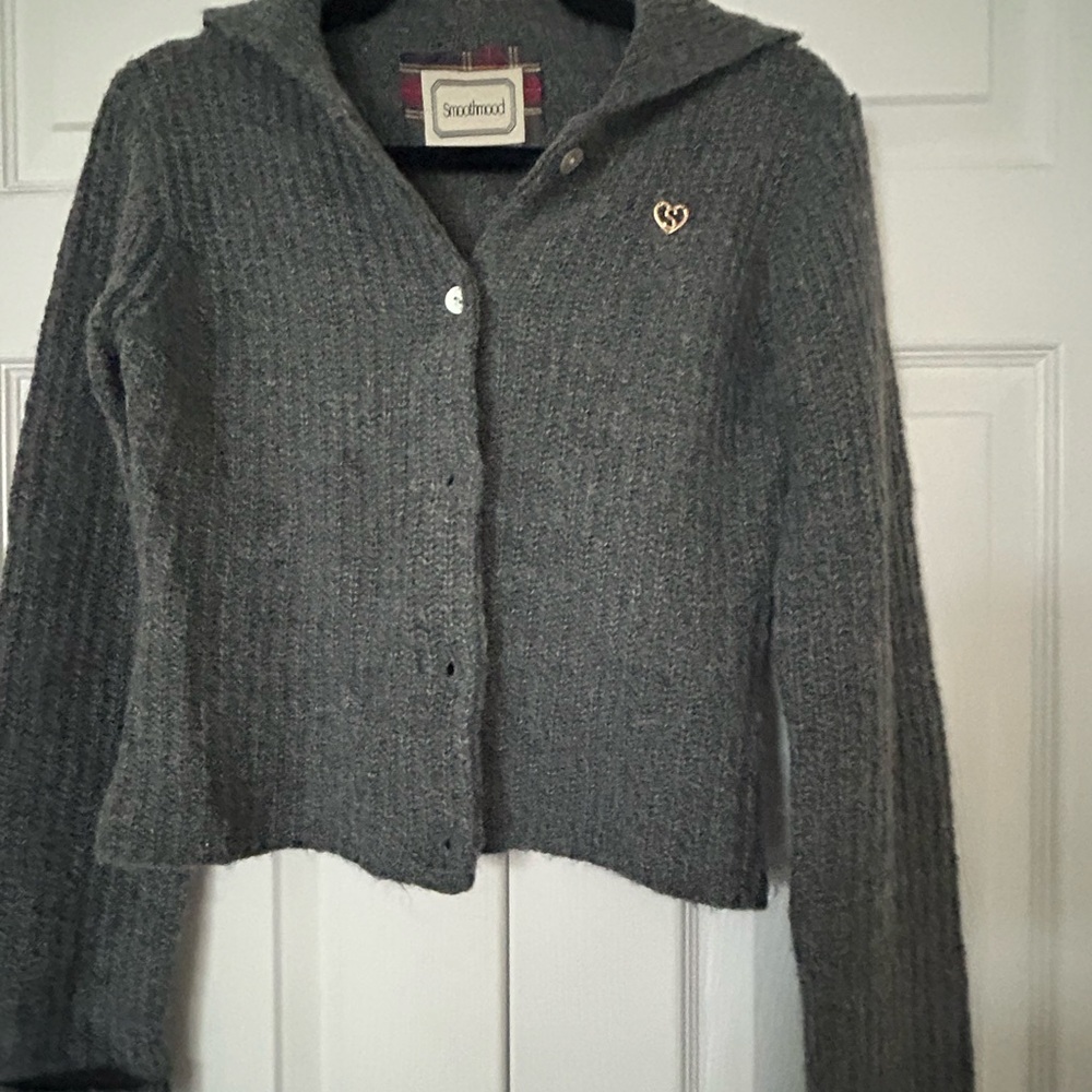 Gray Wool Cardigan with Heart Detail